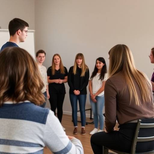 Alunos participando de uma aula de atuaäão em grupo.